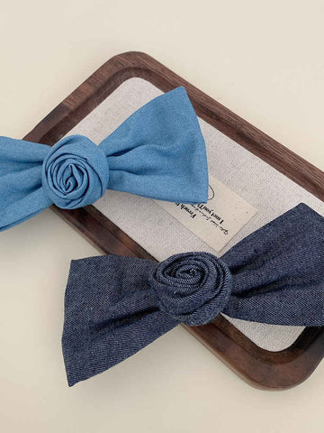 Denim Rose Flower Bow Side Clip