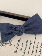 Denim Rose Flower Bow Side Clip