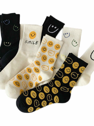 Black  White Smiley Couple Casual Socks