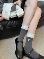 Embroidered Heart Bow Double-edged Socks