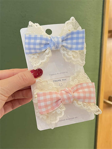 Cute Plaid Lace Bow Hair Clip