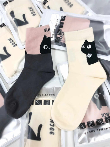 Little Black Cat Cartoon Graffiti Girl Socks