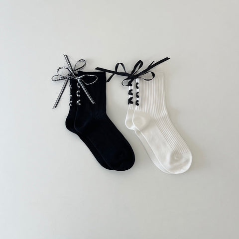 Women's Sweet Solid Color Socks Adult Black and White Lolita Socks - Lace Up