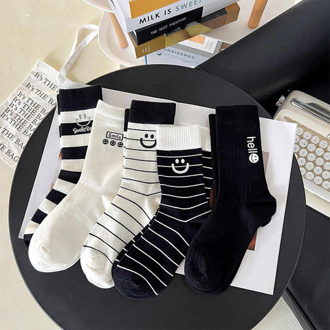 Versatile Black and White Striped Smiley Face Socks