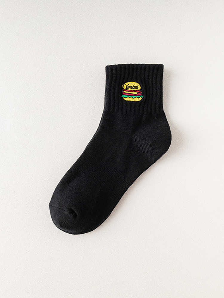 Cartoon Embroidered Pizza Hamburger Socks