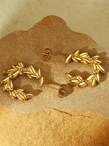 Golden Wheat Ears Wreath Stud Earrings for Women