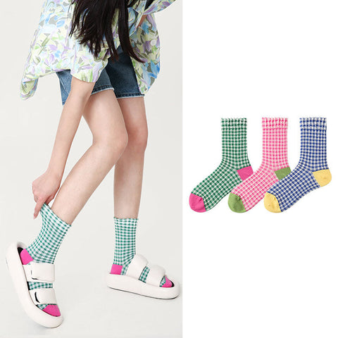 Fashionable Women's Socks Color-blocking Plaid Mid-tube Socks Girly Wind Ins Tide Ladies Socks