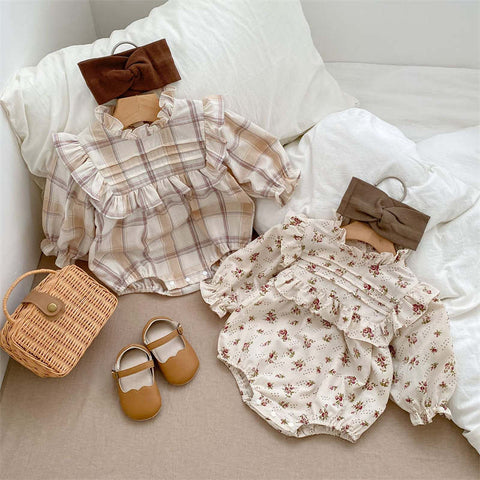 Plaid Floral Print Baby Romper Loose Top