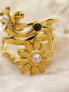 Pearl Sunflower Titanium Steel Open Ring