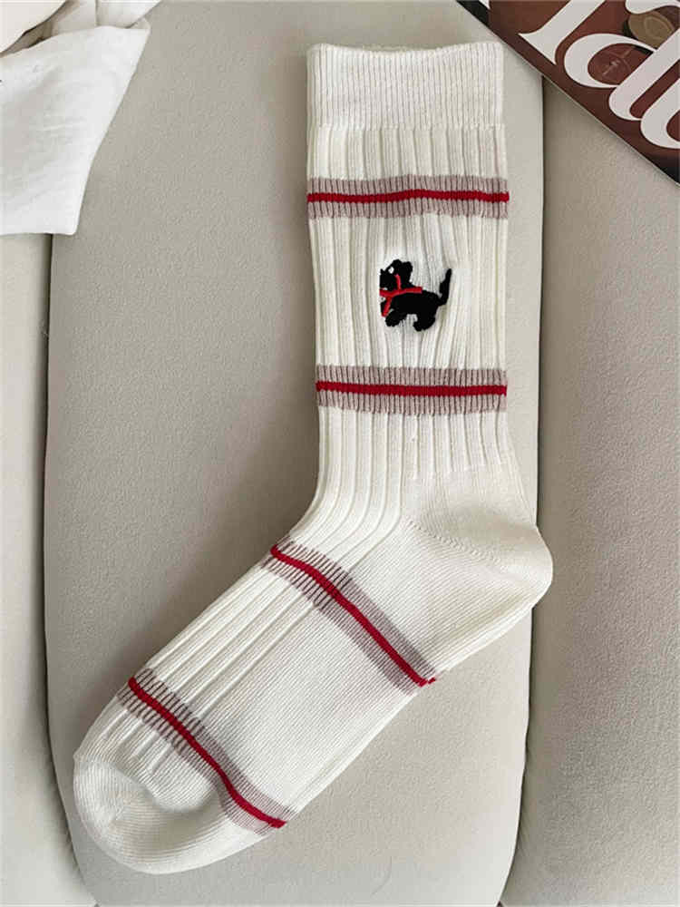 Puppy Embroidered Striped Socks