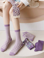 Leopard Print Floral Socks for Women Mid Calf Socks