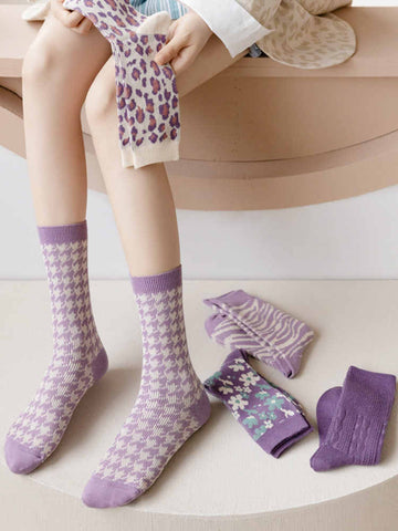 Leopard Print Floral Socks for Women Mid Calf Socks