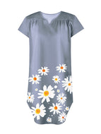 Flower Print Round Neck Denim Dress