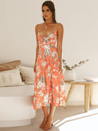 Ladies Deep V Neck Sexy Floral Sling Dresses Hem Slit Midi Skirt For Casual