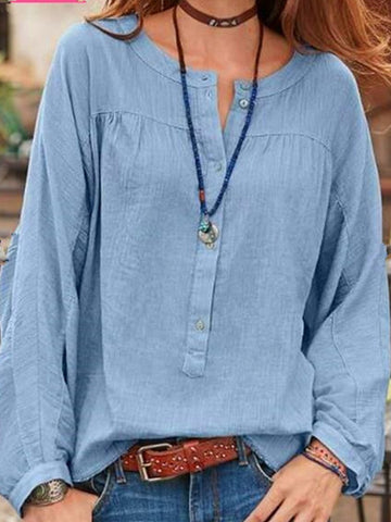 Cotton and linen solid color round neck loose top