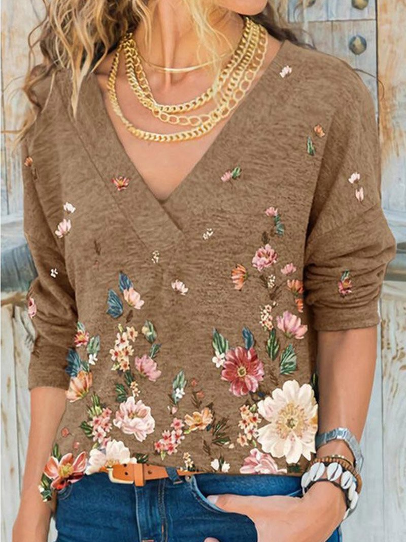 V-neck Long Sleeve Printed T-shirt Top