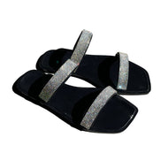 Fashion Flat Bright Diamond Sandals Large Size Outer Shoes Square Toe Slippers