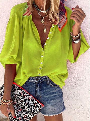 Fashion Leisure Solid Color Long Sleeve V-neck Button Ladies Shirt