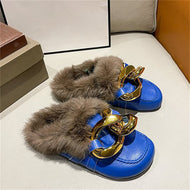 Metal Chain Lazy Slippers with Faux Fur