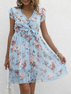 Summer V-neck Waist Floral Tie Waist Slim Dress