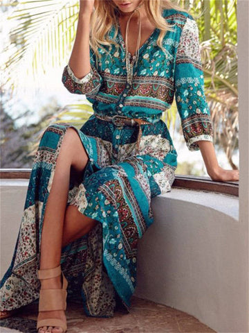 Vintage Fashion Print Breasted Beach Resort Long Dress Women's Button Maxi Dresses