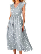 Women's V-neck Waist-length Skirt with Polka Dot Print Dress