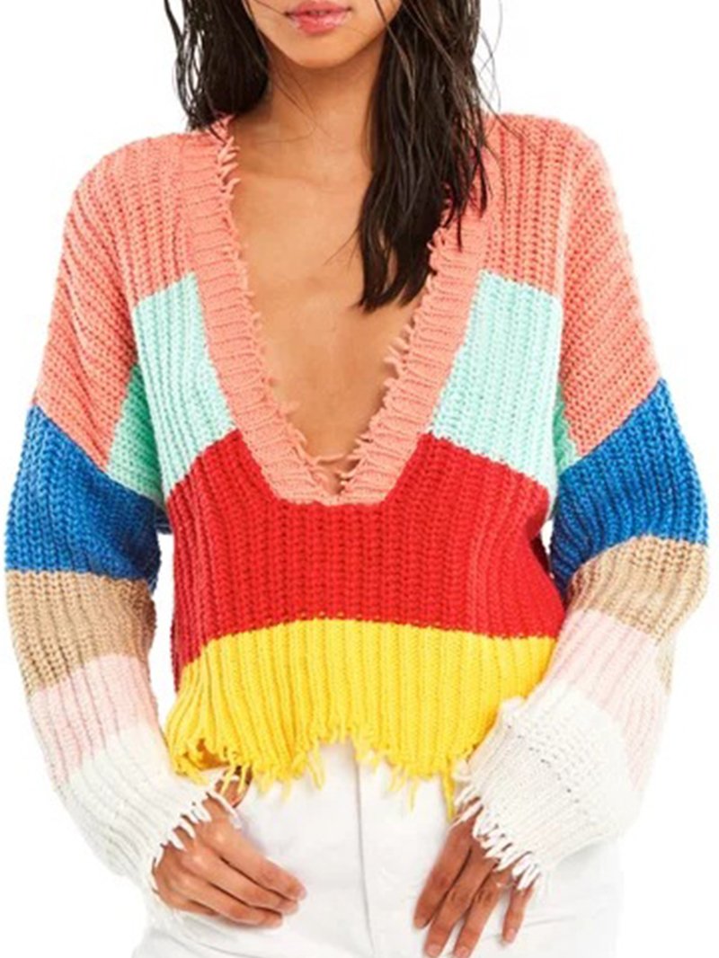 V-neck Rainbow Striped Pullover