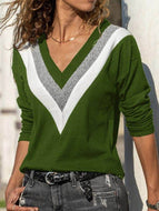 V-neck Long-sleeved Contrast Sweater Loose T-shirt