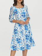 Blue Printed Square Neck Dress