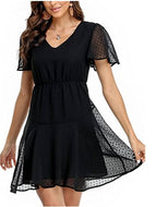 Vintage Polka Dot A-line Dress V-Neck Frill Sleeves Waist Casual Loose Pleated Dress