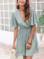 Woman New V Neck Batwing Bohemia Vacation Retro Green Polka Dots Leisure Midi Dress