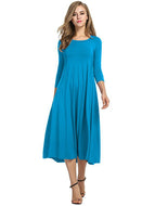 Women Comfortable Loose Round Neck Mid Sleeve Solid Color Swing Midi Dresses