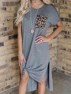 New Women's Leopard Print Pocket Stitching Short Sleeve Split Casual Retro Dress