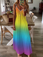 Colorful Striped Gradient V-Neck Loose Casual Comfortable Slip Dress