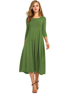 Women Comfortable Loose Round Neck Mid Sleeve Solid Color Swing Midi Dresses