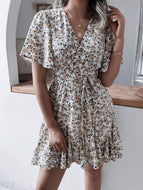 Short Sleeved Printed Chiffon Sexy Dress Women V Neck Elegant Mini Dresses