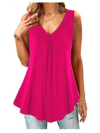 Solid Color V-neck Pleated Button Sleeveless Loose Vest