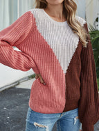 Women's Loose Stitching Contrast Color Knitted Round Neck Sweater