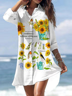 Spring New Women's Fashion Romantic Print Irregular Pocket Shirt Dress