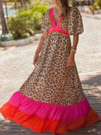 Sexy Deep V Neck Puff Sleeve Leopard Print Colorblock Long Dress