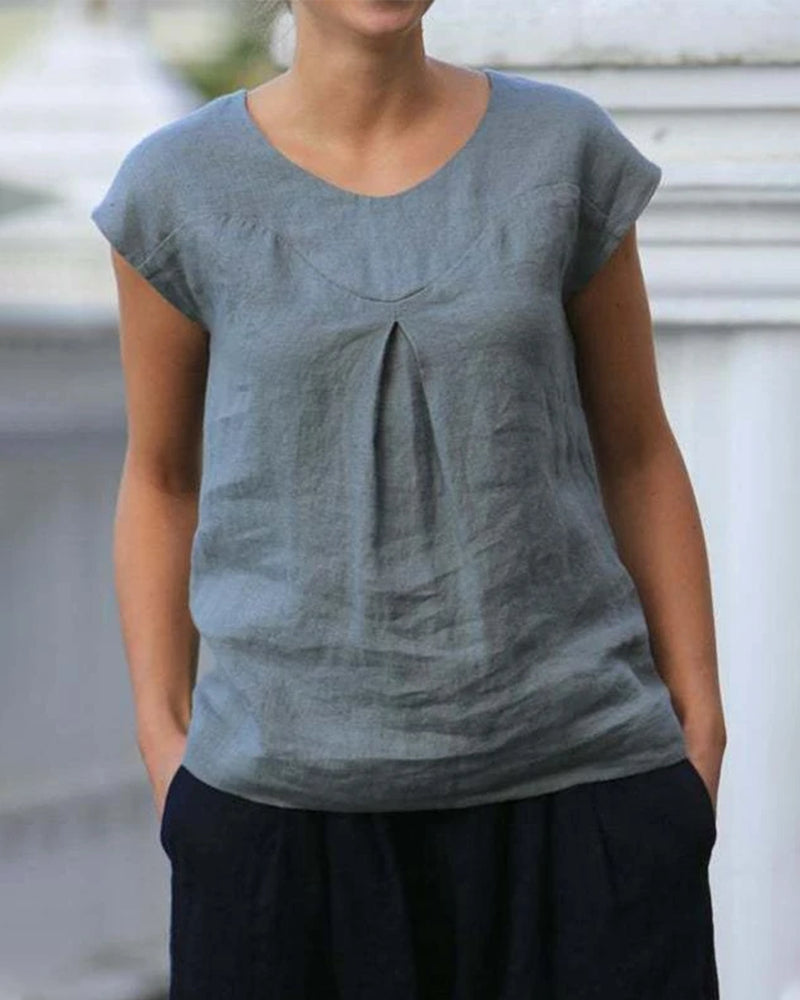 Round neck casual cotton and linen  top