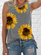 Sunflower Pattern Printed Round Neck Sleeveless Tank Top T-shirt