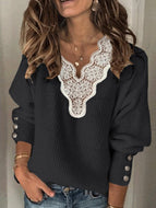 Solid Lace V-Neck Long Sleeve Sweater