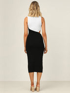 Cutout Panel Contrast Rib Knit Crew Neck Sleeveless Elegant Dress