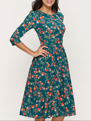 Casual Floral Three-quarter Sleeve Dress