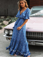 High Waist Lace V-neck Loose Large Skirt Dress Holiday Seaside Long Dresses Robes