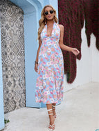 Sexy Backless Chiffon Dress Boho Maxi Print Beach Dresses for Holiday