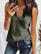 Pure Color Short-sleeved V-neck Waffle All-match Vest Top