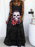 New Women's Punk Skull Print Loose Plus Size Lace-Up Dress