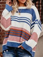 Autumn/Winter New Striped Stitching Loose Round Neck Sweater